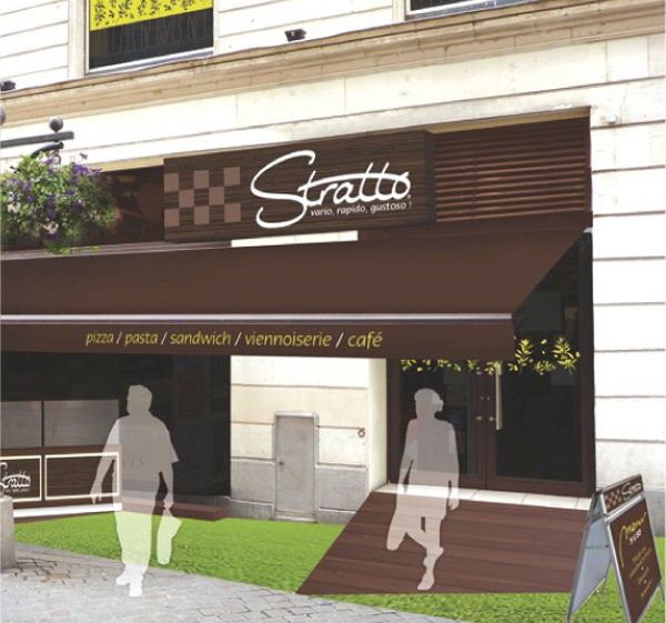 Dessin de la façade et des vitrine d'un restaurant