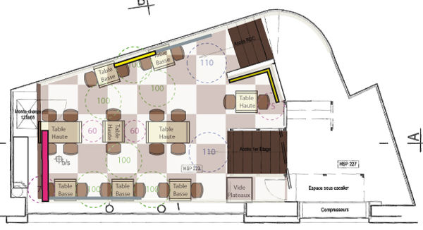 Implantation du mobilier, des tables et des chaise pour une salle de restaurant