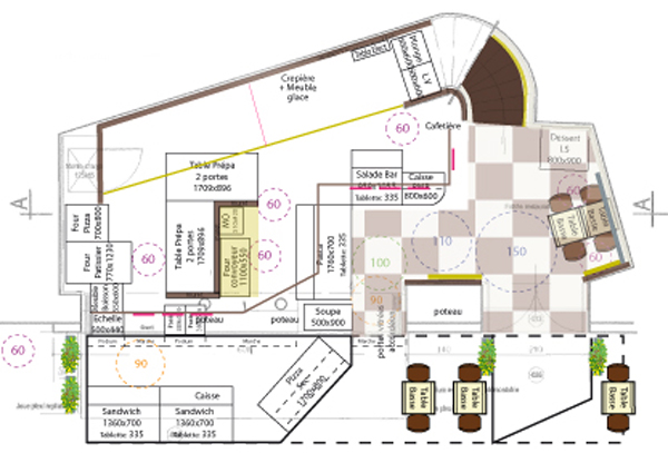 Plan masse de la salle et implantation des éléments de décoration